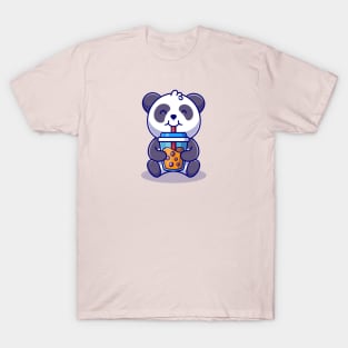 Cute Panda Drinking Boba Milk Tea Cartoon T-Shirt